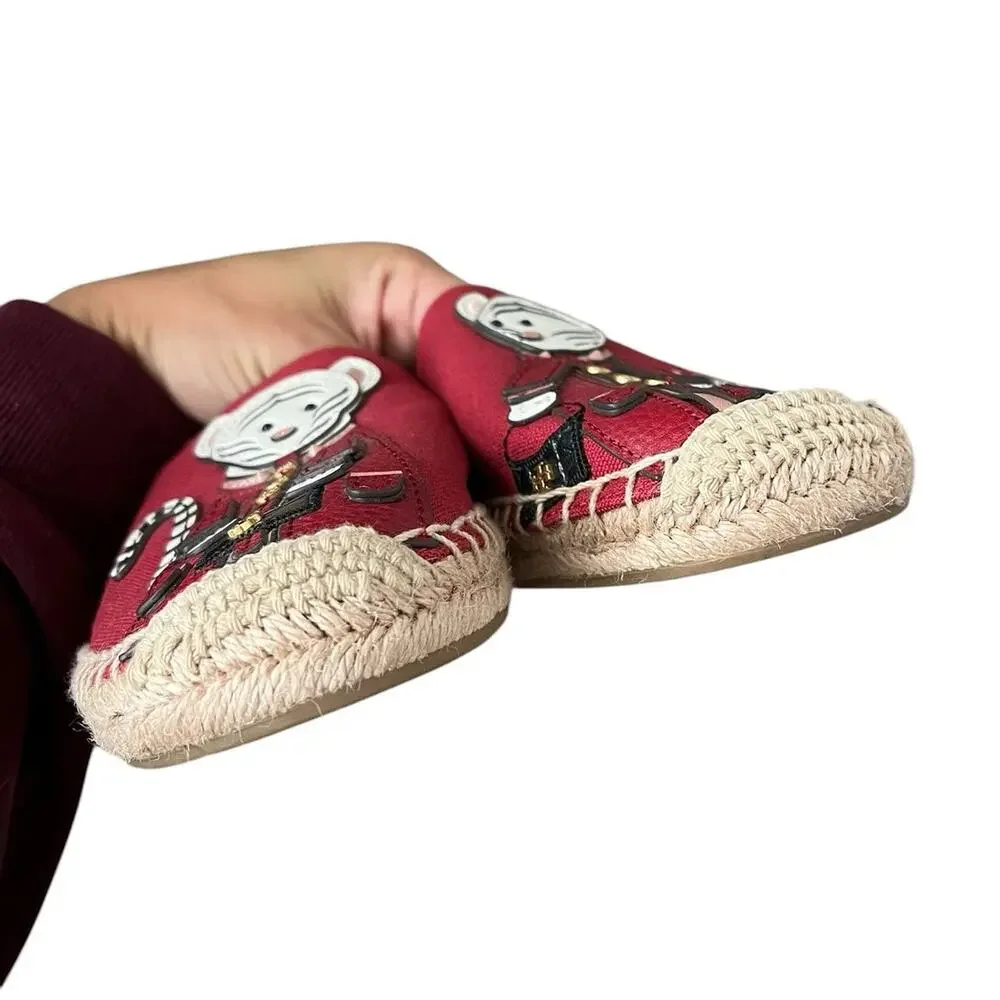 Tory Burch Tilly Tiger Espadrille Flats Red Canvas Leather Slip On Whimsy Size 9